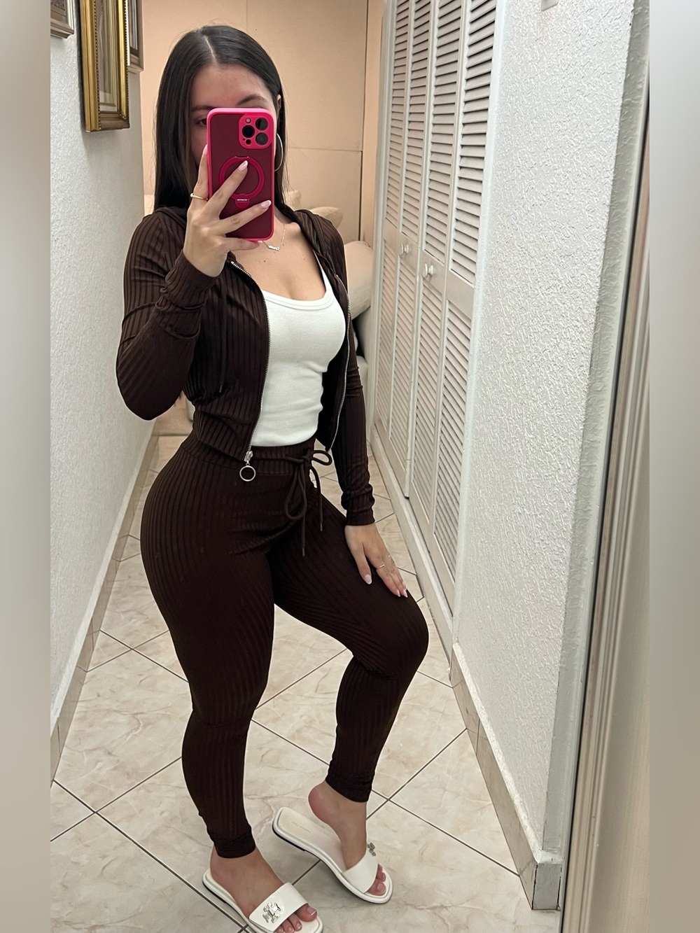 Brown Ribbed zipper jacket and Pants set